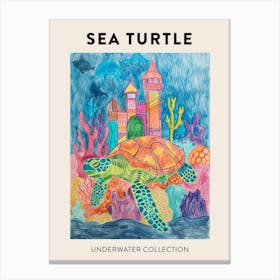 Sea Turtle With An Underwater Castle Pencil Crayon Scribble Poster Canvas Print