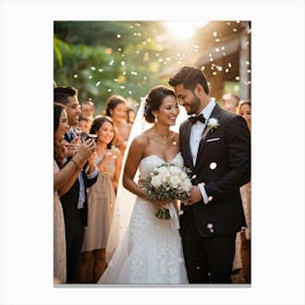 Elegant Bride And Groom Embracing In A Luxury Wedding Setting Bouquet In Hand Surrounded By Cheerf (3) Toile