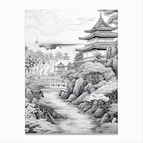 Okinawa Islands In Okinawa, Ukiyo E Black And White Line Art Drawing 1 Canvas Print