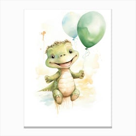 Baby Alligator Flying With Ballons, Watercolour Nursery Art 4 Canvas Print