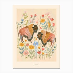 Folksy Floral Animal Drawing Bison Poster Canvas Print