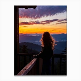 Woman Basking In Sunsets Glow On A Mountain Porch Silhouette Against A Sky Painted With Hues Of Or (5) Canvas Print