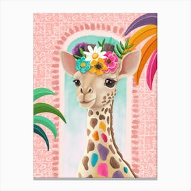 Giraffe With Flowers Floral Tropical Illustration Canvas Print