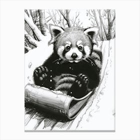 Red Panda Cub Sledding Down A Snowy Hill Ink Illustration 3 Canvas Print