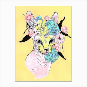 Cute Devon Rex Cat With Flowers Illustration 2 Canvas Print