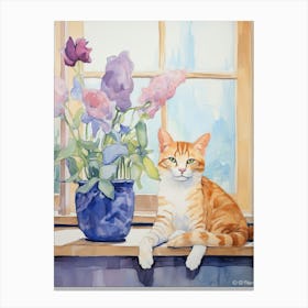 Cat With Calla Lily Flowers Watercolor Mothers Day Valentines 3 Canvas Print