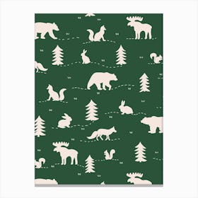 Forest Animals - Green and White Wild Animals and Pine Trees Canvas Print