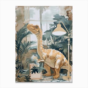 Dinosaur Cleaning The House Beige Canvas Print