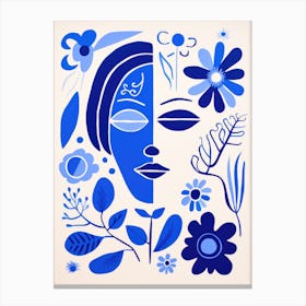 Blue Flowers And A Woman'S Face Canvas Print