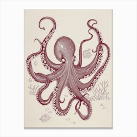 Red Linocut Inspired Octopus 2 Canvas Print