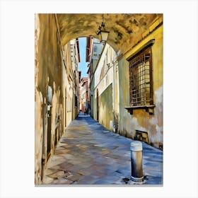 Lucca Charming Alleyway in Sunlight. A picturesque narrow alleyway bathed in warm sunlight, featuring an arched passage and rustic yellow walls. The cobblestone path creates an inviting perspective, leading the viewer deeper into this serene and timeless scene. Canvas Print