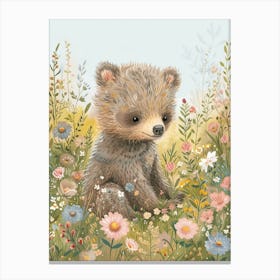Sloth Bear Cub In A Field Of Flowers Storybook Illustration 4 Canvas Print
