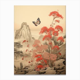 Red Flowers & Butterflies Japanese Style Painting 2 Canvas Print