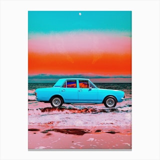 Vintage Car Teal Orange Beach Canvas Print