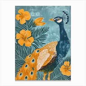 Blue Mustard Peacock With Tropical Flowers Linocut Inspired 3 Canvas Print