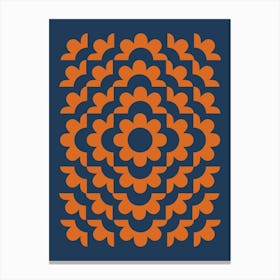 Midcentury Modern Abstract Geometric Flower Pattern Floral in Navy Blue and Burnt Orange Canvas Print