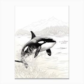 Minimalist Black Line Drawing Of Orca Whale Plants & Mountains Canvas Print