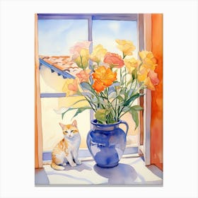Cat With Calla Lily Flowers Watercolor Mothers Day Valentines 1 Canvas Print