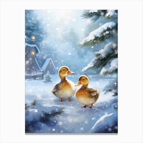 Animated Winter Snow Ducklings 3 Canvas Print