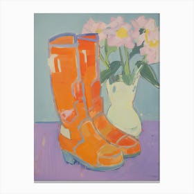 Painting Of Flowers And Cowboy Boots, Oil Style 3 Canvas Print