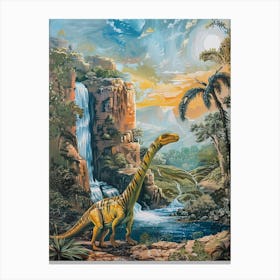 Dinosaur By A Waterfall Landscape Painting 2 Canvas Print