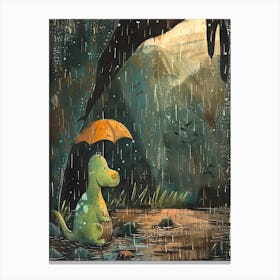Dinosaur Sheltering From The Rain Storybook Style 1 Canvas Print
