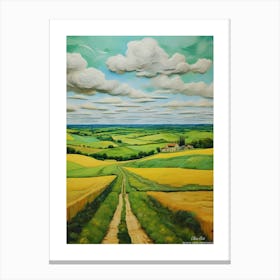 Green plains, distant hills, country houses,renewal and hope,life,spring acrylic colors.1 Canvas Print