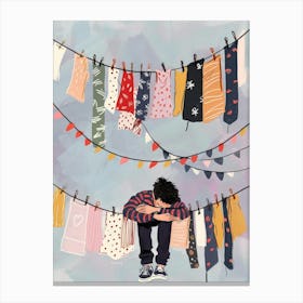 Boy Hanging Clothes On Clothesline Canvas Print