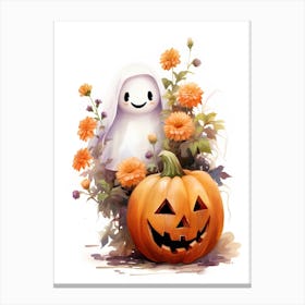 Cute Ghost With Pumpkins Halloween Watercolour 17 Canvas Print