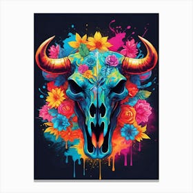 Floral Bull Skull Neon Iridescent Painting (21) Canvas Print