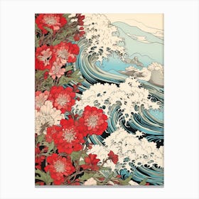 Great Wave With Sweet William Flower Drawing In The Style Of Ukiyo E 3 Canvas Print
