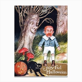 Funny Scared Boy In Magic Forest, At A Halloween Night Canvas Print