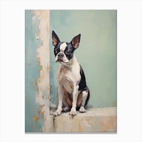 Boston Terrier Dog, Painting In Light Teal And Brown 2 Canvas Print