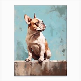 Bulldog Dog, Painting In Light Teal And Brown 3 Canvas Print