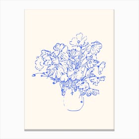 Blue Line Drawing Vase Of Flowers Canvas Print