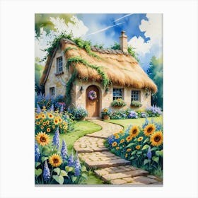 Thatched Cottage With Sunflowers Toile