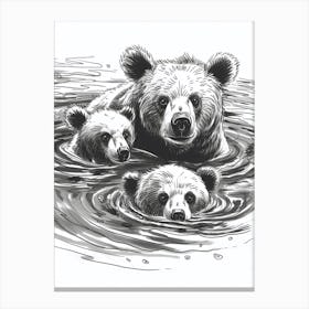 Malayan Sun Bear Family Swimming In A River Ink Illustration 3 Canvas Print
