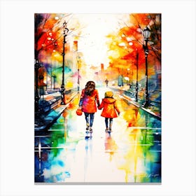 Sisters - Two Children Walking Down The Street Canvas Print