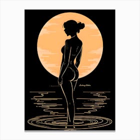a woman silhouette in sunset tones against a black background. Canvas Print