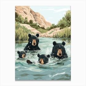 American Black Bear Family Swimming In A River Storybook Illustration 1 Canvas Print