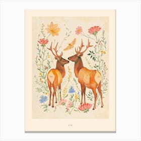 Folksy Floral Animal Drawing Elk Poster Canvas Print