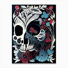 Skull With Bird 1 Motifs Colourful Linocut Canvas Print