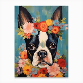Boston Terrier Portrait With A Flower Crown, Matisse Painting Style 2 Canvas Print