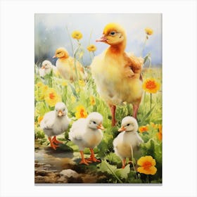 Ducklings With The Flowers Watercolour Canvas Print