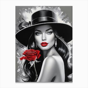 Woman In A Black Hat With Red Rose 1 Canvas Print