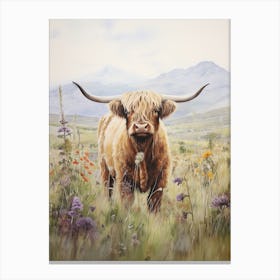 Highland Cow In Colourful Wildflower Field Watercolour Canvas Print