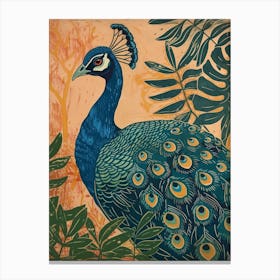 Blue Mustard Peacock With Tropical Leaves 2 Canvas Print