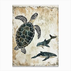Sea Turtle & Whales Vintage Illustration Canvas Print