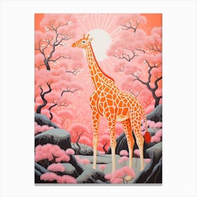 Giraffe In The Nature With Trees Pink 5 Canvas Print