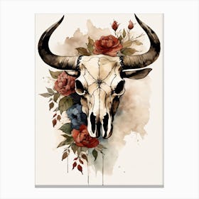 Vintage Boho Bull Skull Flowers Painting (31) Canvas Print